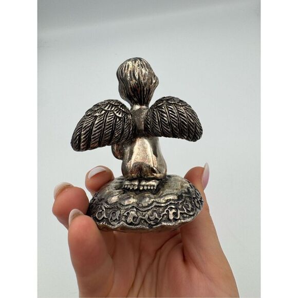 Vintage Silver Plated Cherub Angel W/ Wings Cupid Kneeling Figurine 3” - Picture 4 of 7